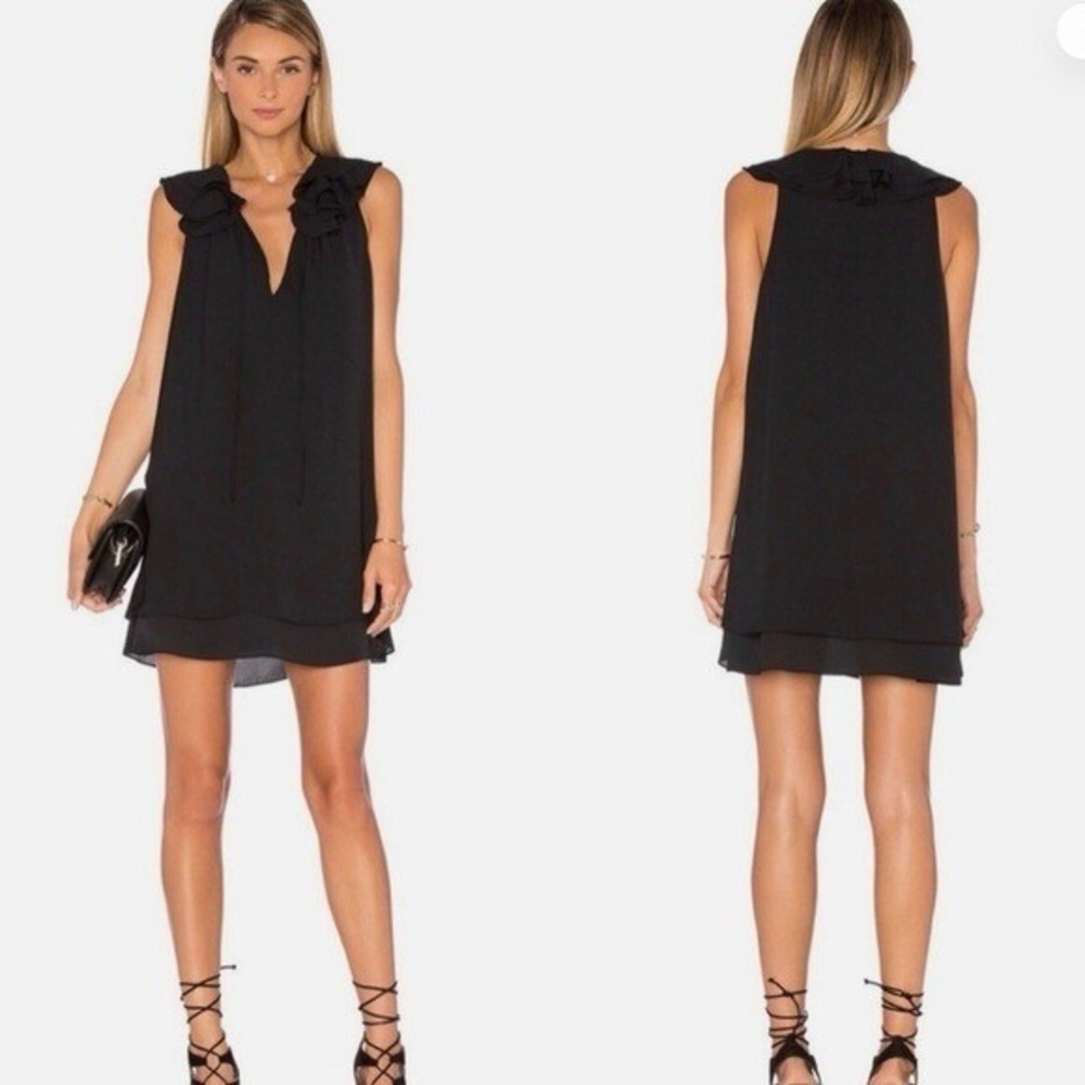 Amanda Uprichard Black Ruffle V-Neck Sleeveless Shift Mini Dress Small classic